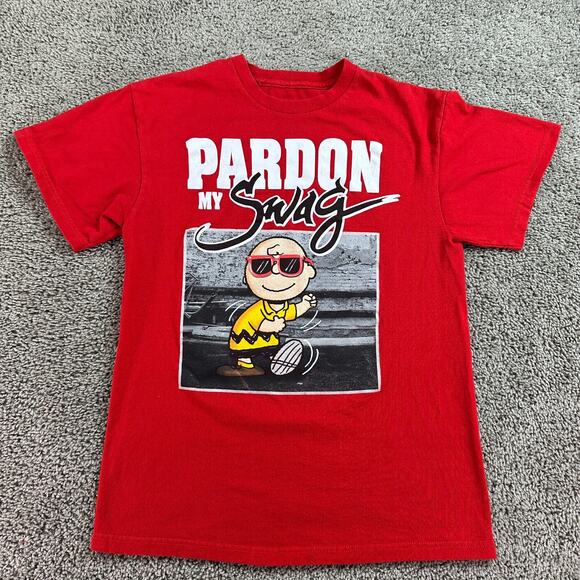 Peanuts Shirt Mens Medium Red White Pardon My Swag Charlie Brown Snoopy - Picture 1 of 9